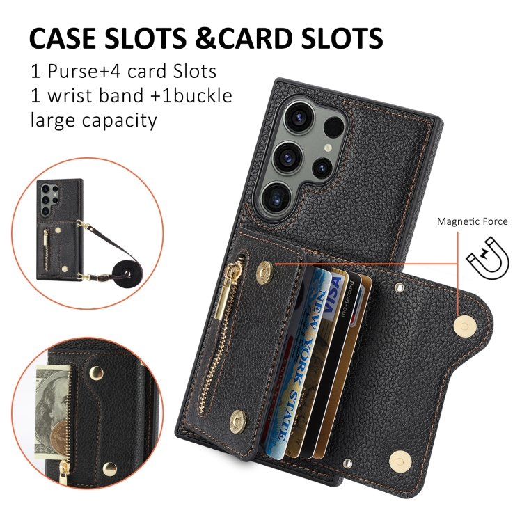 For Samsung Galaxy S24 Ultra DF-09 Crossbody Litchi texture Card Bag Design PU Phone Case(Black) For Samsung Galaxy S24 Ultra DF-09 Crossbody Litchi texture Card Bag Design PU Phone Case(Black)