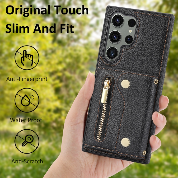 For Samsung Galaxy S24 Ultra DF-09 Crossbody Litchi texture Card Bag Design PU Phone Case(Black) For Samsung Galaxy S24 Ultra DF-09 Crossbody Litchi texture Card Bag Design PU Phone Case(Black)