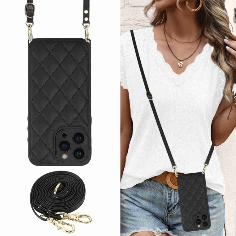 For iPhone 14 Rhombic Texture Phone Case with Dual Lanyard(Black) For iPhone 14 Rhombic Texture Phone Case with Dual Lanyard(Black)