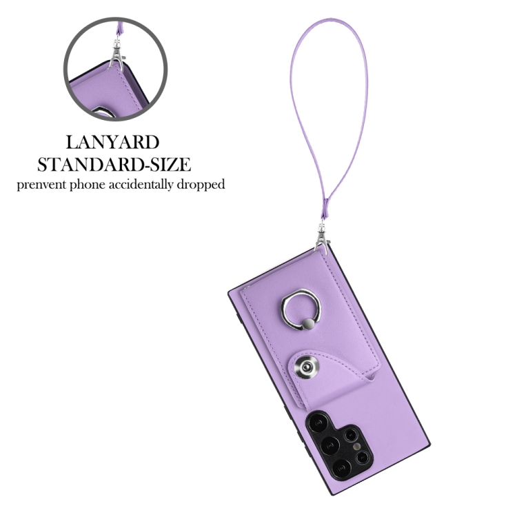 For Samsung Galaxy S24 Ultra 5G Organ Card Bag Ring Holder PU Phone Case with Lanyard(Purple)