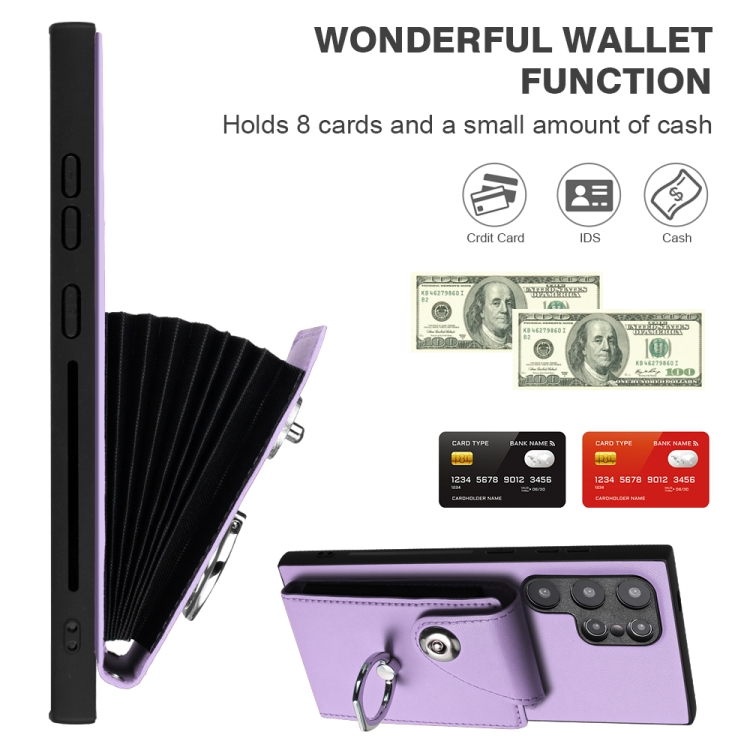 For Samsung Galaxy S24 Ultra 5G Organ Card Bag Ring Holder PU Phone Case with Lanyard(Purple)