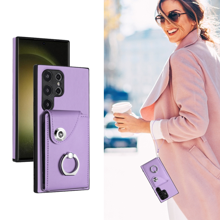 For Samsung Galaxy S24 Ultra 5G Organ Card Bag Ring Holder PU Phone Case with Lanyard(Purple)