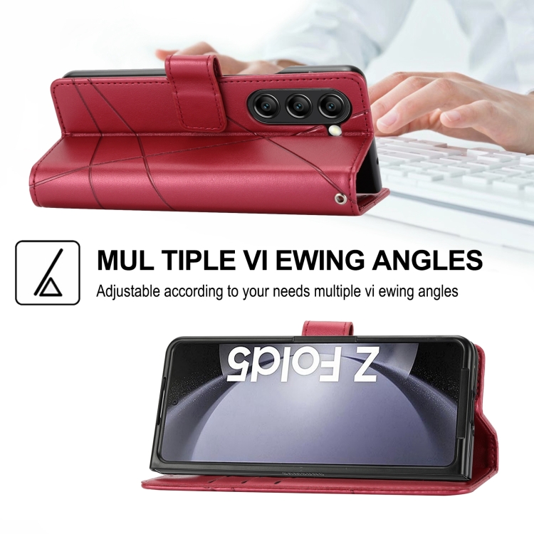 For Samsung Galaxy Z Fold5 PU Genuine Leather Texture Embossed Line Phone Case(Red) For Samsung Galaxy Z Fold5 PU Genuine Leather Texture Embossed Line Phone Case(Red)