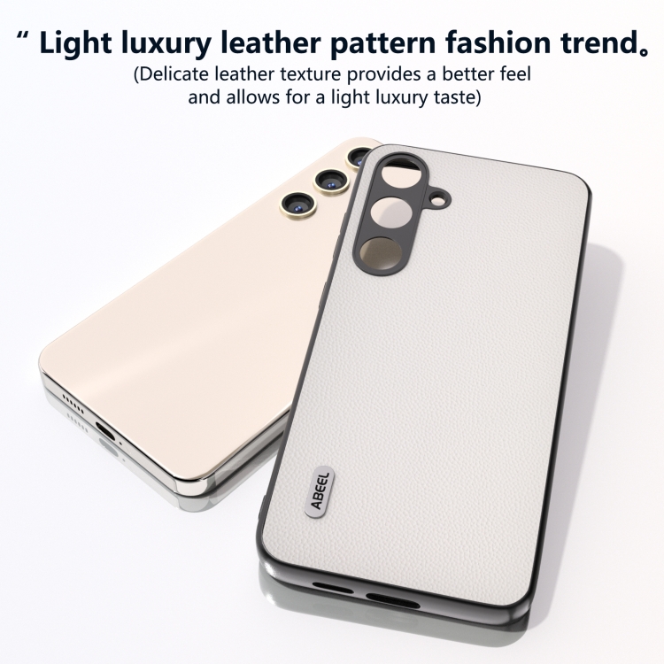 For Samsung Galaxy S24+ 5G ABEEL Genuine Leather Elegant Black Edge Phone Case(White)