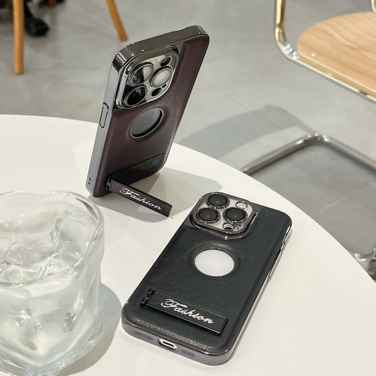 For iPhone 13 Pro Y3 Electroplated Fine Hole Leather Phone Case with Holder(Dark Purple) For iPhone 13 Pro Y3 Electroplated Fine Hole Leather Phone Case with Holder(Dark Purple)