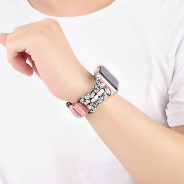Pour Apple Watch Series 9 45 mm Bracelet de montre en cuir véritable  Paracord (camouflage rose)
