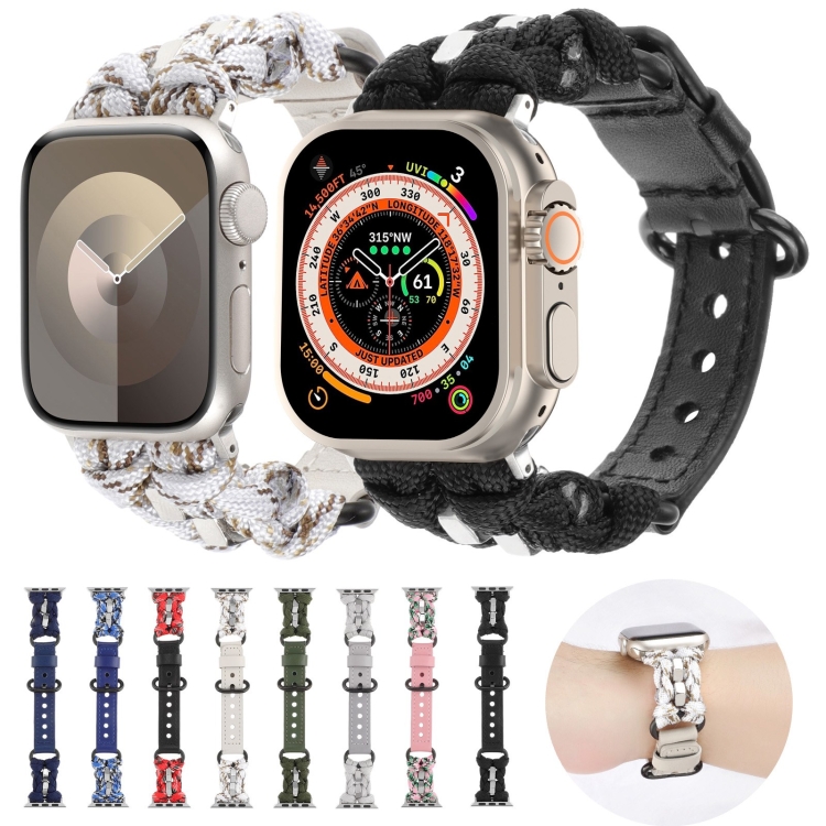 Pour Apple Watch Series 9 45 mm Bracelet de montre en cuir véritable  Paracord (camouflage rose)