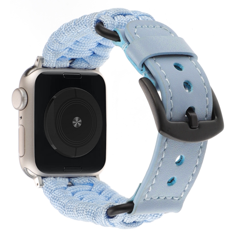 适用于Apple Watch Series 9 45mm 平纹伞绳真皮表带（浅蓝）