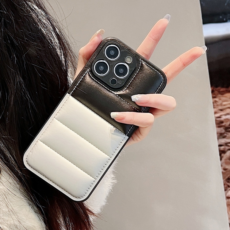 For iPhone 15 Color Block Down Jacket Phone Case(Black Silver) For iPhone 15 Color Block Down Jacket Phone Case(Black Silver)