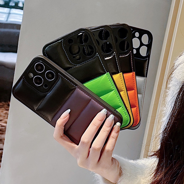 For iPhone 15 Color Block Down Jacket Phone Case(Black Silver) For iPhone 15 Color Block Down Jacket Phone Case(Black Silver)