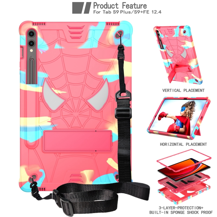 For Samsung Galaxy Tab S9 FE+ / S9+ Fold-Holder Spider Silicone Hybrid PC Tablet Case(Camouflage Rose Red)