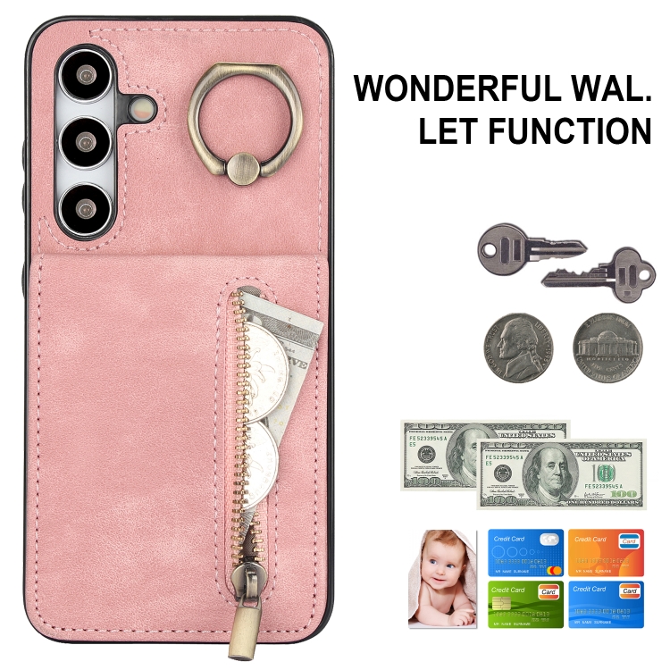 For Samsung Galaxy S24 5G Retro Ring and Zipper RFID Card Slot Phone Case(Pink) For Samsung Galaxy S24 5G Retro Ring and Zipper RFID Card Slot Phone Case(Pink)