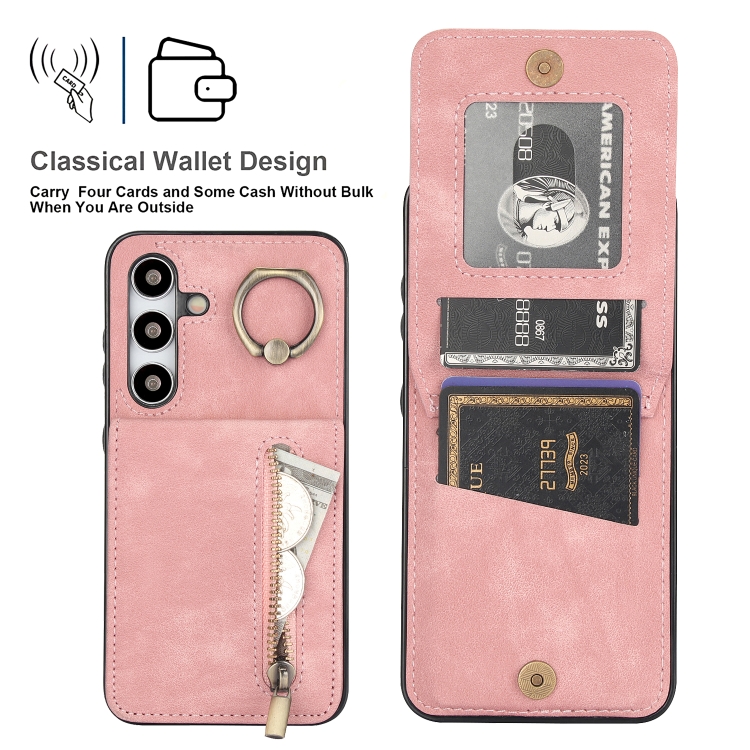 For Samsung Galaxy S24 5G Retro Ring and Zipper RFID Card Slot Phone Case(Pink) For Samsung Galaxy S24 5G Retro Ring and Zipper RFID Card Slot Phone Case(Pink)