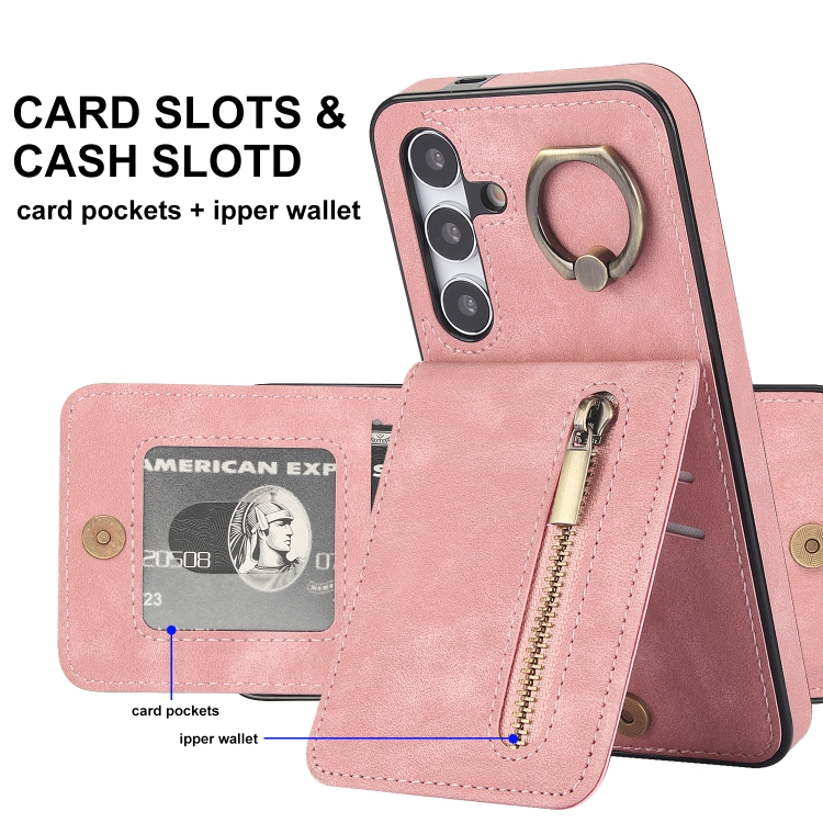 For Samsung Galaxy S24 5G Retro Ring and Zipper RFID Card Slot Phone Case(Pink) For Samsung Galaxy S24 5G Retro Ring and Zipper RFID Card Slot Phone Case(Pink)
