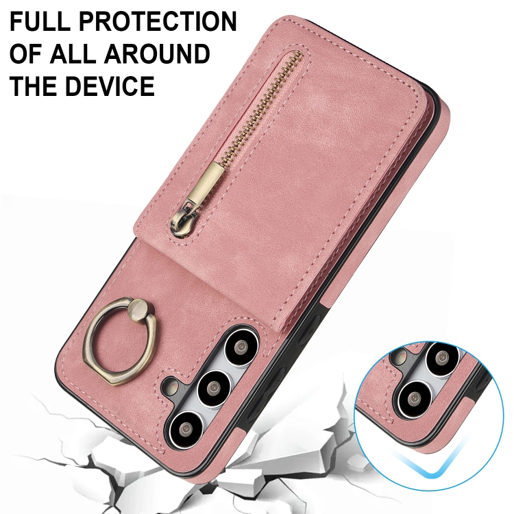 For Samsung Galaxy S24 5G Retro Ring and Zipper RFID Card Slot Phone Case(Pink) For Samsung Galaxy S24 5G Retro Ring and Zipper RFID Card Slot Phone Case(Pink)