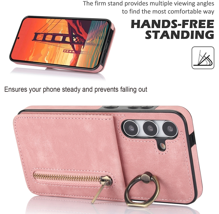 For Samsung Galaxy S24 5G Retro Ring and Zipper RFID Card Slot Phone Case(Pink) For Samsung Galaxy S24 5G Retro Ring and Zipper RFID Card Slot Phone Case(Pink)