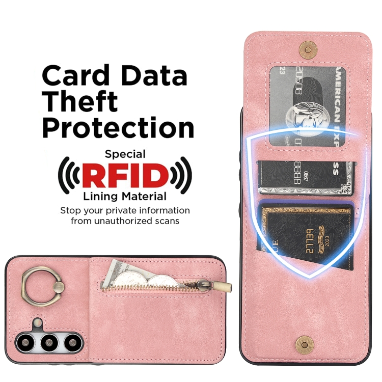 For Samsung Galaxy S24 5G Retro Ring and Zipper RFID Card Slot Phone Case(Pink) For Samsung Galaxy S24 5G Retro Ring and Zipper RFID Card Slot Phone Case(Pink)