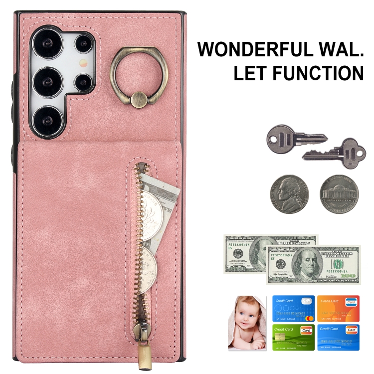 For Samsung Galaxy S24 Ultra 5G Retro Ring and Zipper RFID Card Slot Phone Case(Pink)