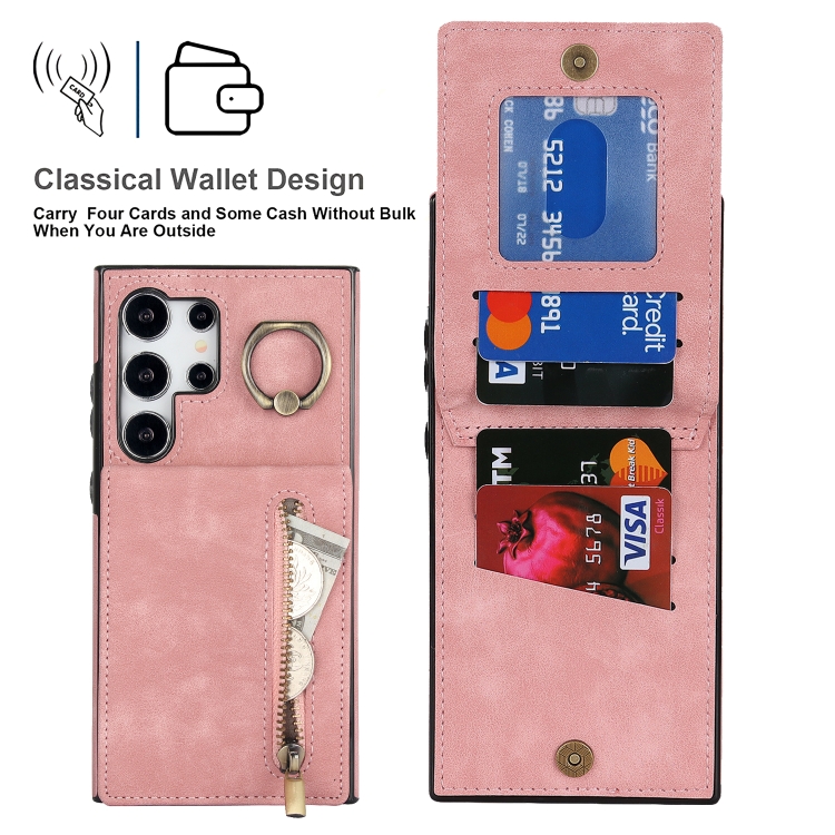 For Samsung Galaxy S24 Ultra 5G Retro Ring and Zipper RFID Card Slot Phone Case(Pink)