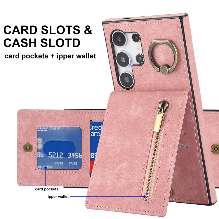 For Samsung Galaxy S24 Ultra 5G Retro Ring and Zipper RFID Card Slot Phone Case(Pink)