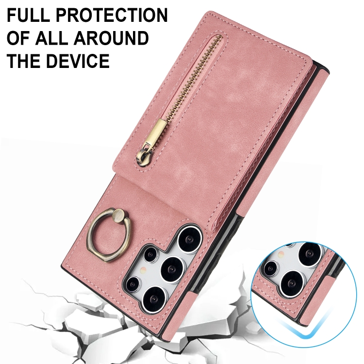 For Samsung Galaxy S24 Ultra 5G Retro Ring and Zipper RFID Card Slot Phone Case(Pink)