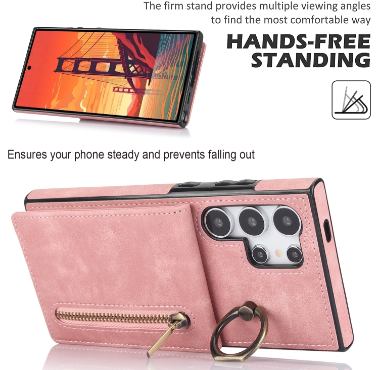 For Samsung Galaxy S24 Ultra 5G Retro Ring and Zipper RFID Card Slot Phone Case(Pink)
