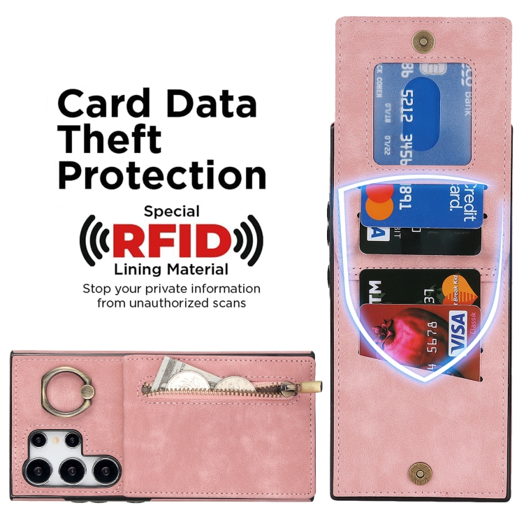 For Samsung Galaxy S24 Ultra 5G Retro Ring and Zipper RFID Card Slot Phone Case(Pink)