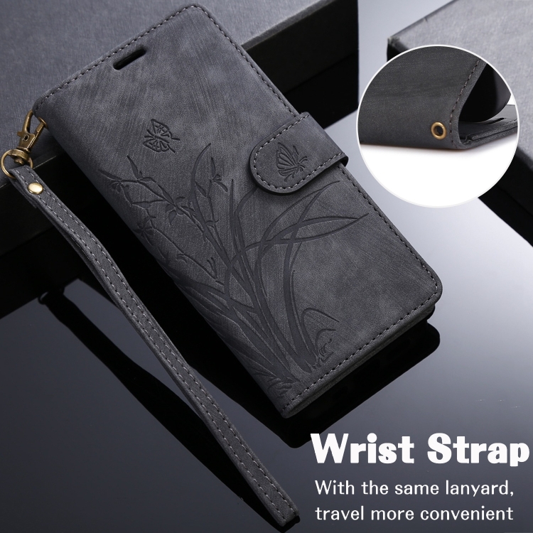 For iPhone 16 Orchid Butterfly Embossed Leather Phone Case(Black) For iPhone 16 Orchid Butterfly Embossed Leather Phone Case(Black)