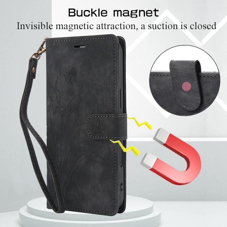 For iPhone 16 Orchid Butterfly Embossed Leather Phone Case(Black) For iPhone 16 Orchid Butterfly Embossed Leather Phone Case(Black)