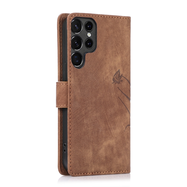 For Samsung Galaxy S24 Ultra 5G Orchid Butterfly Embossed Leather Phone Case(Brown)