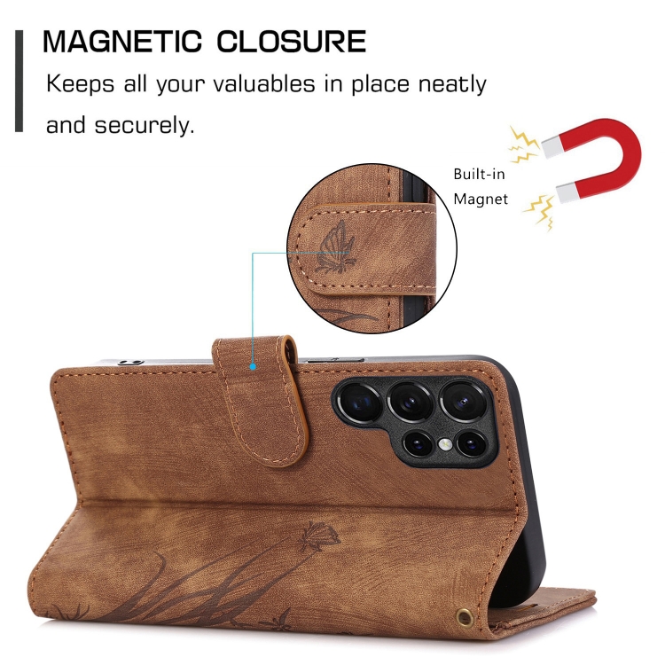 For Samsung Galaxy S24 Ultra 5G Orchid Butterfly Embossed Leather Phone Case(Brown)