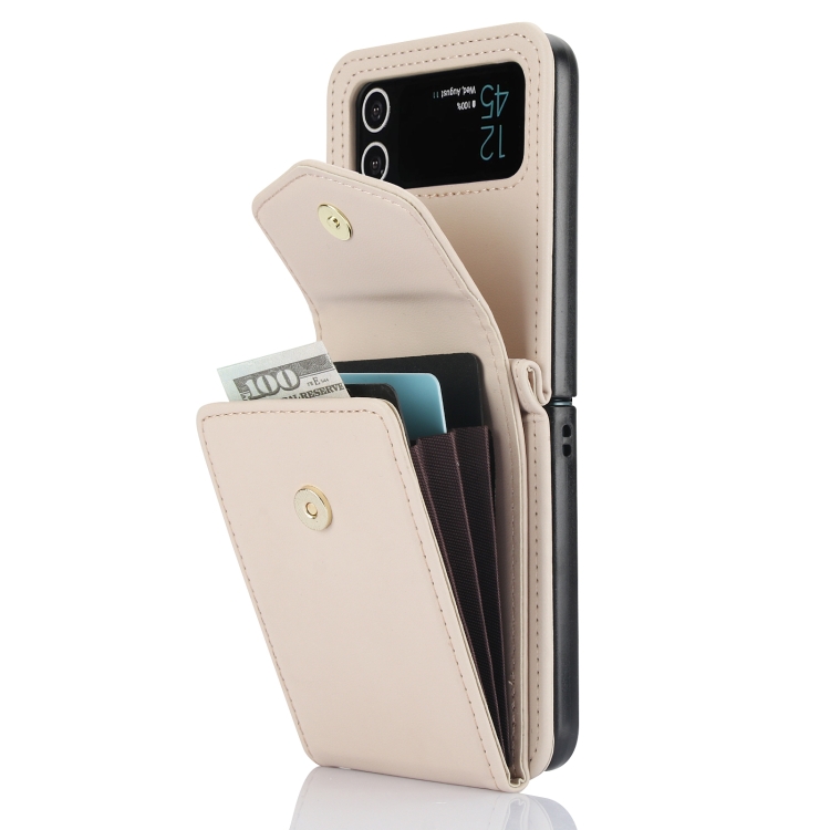 For Samsung Galaxy Z Flip4 Card Slots Folding RFID Phone Case with Long Lanyard(Apricot) For Samsung Galaxy Z Flip4 Card Slots Folding RFID Phone Case with Long Lanyard(Apricot)