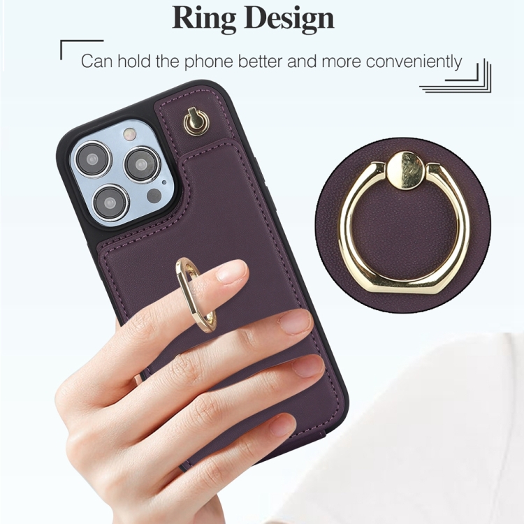 For iPhone 14 Pro Max YM005 Skin Feel Card Bag Phone Case with Long Lanyard(Dark Purple) For iPhone 14 Pro Max YM005 Skin Feel Card Bag Phone Case with Long Lanyard(Dark Purple)