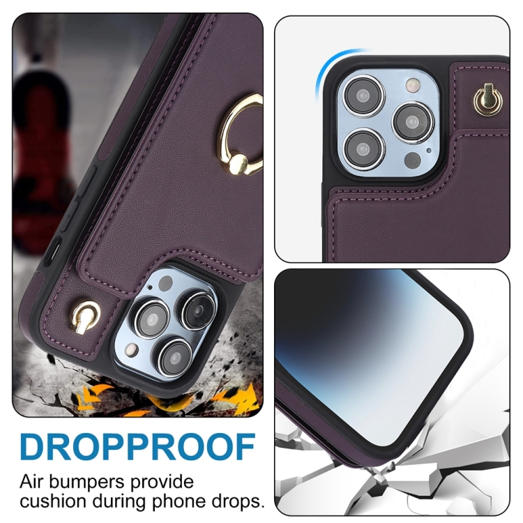 For iPhone 14 Pro Max YM005 Skin Feel Card Bag Phone Case with Long Lanyard(Dark Purple) For iPhone 14 Pro Max YM005 Skin Feel Card Bag Phone Case with Long Lanyard(Dark Purple)