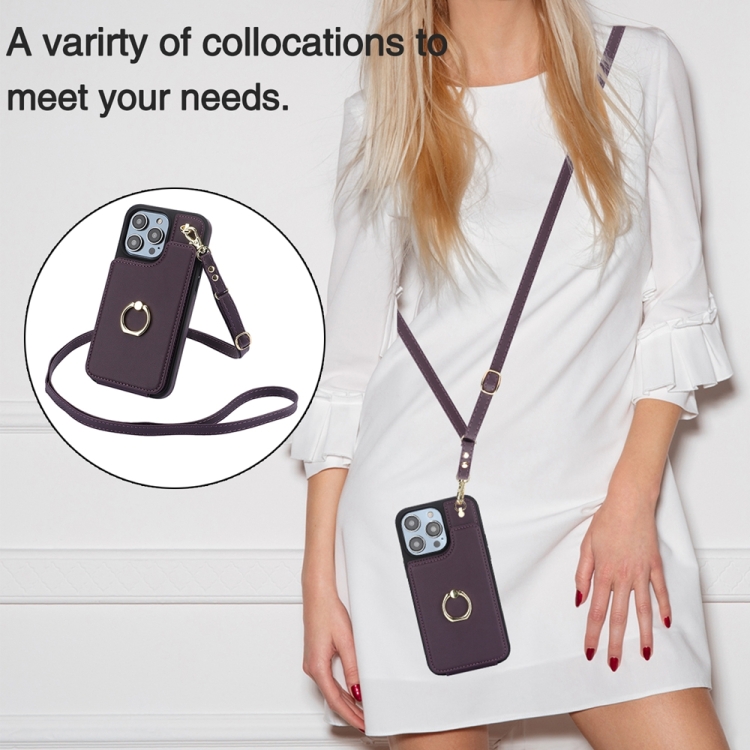 For iPhone 14 Pro Max YM005 Skin Feel Card Bag Phone Case with Long Lanyard(Dark Purple) For iPhone 14 Pro Max YM005 Skin Feel Card Bag Phone Case with Long Lanyard(Dark Purple)