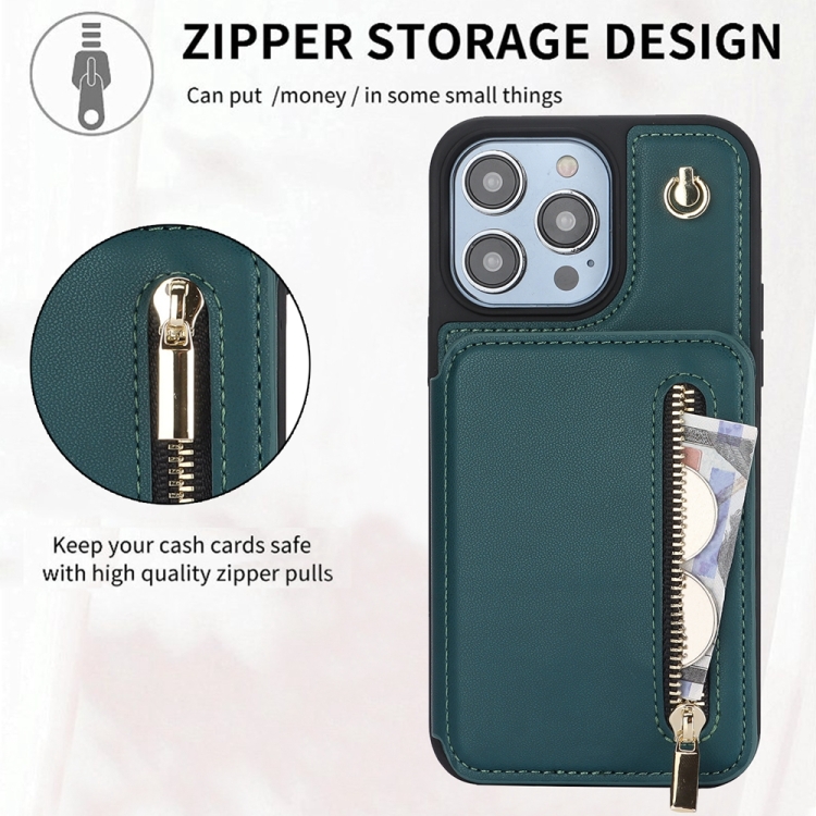 For iPhone 15 Pro Max YM006 Skin Feel Zipper Card Bag Phone Case with Dual Lanyard(Green) - 4