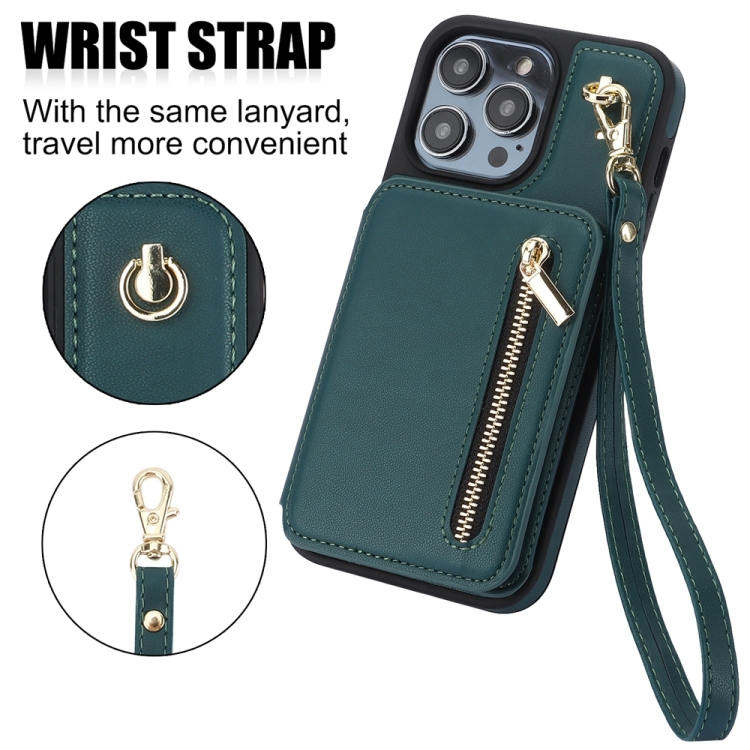 For iPhone 15 Pro Max YM006 Skin Feel Zipper Card Bag Phone Case with Dual Lanyard(Green) - 5
