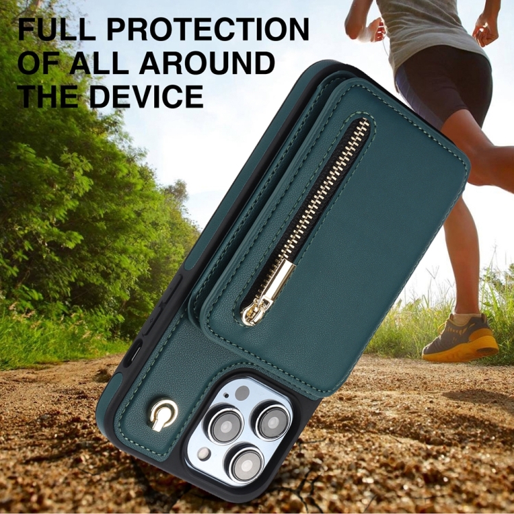 For iPhone 15 Pro Max YM006 Skin Feel Zipper Card Bag Phone Case with Dual Lanyard(Green) - 7