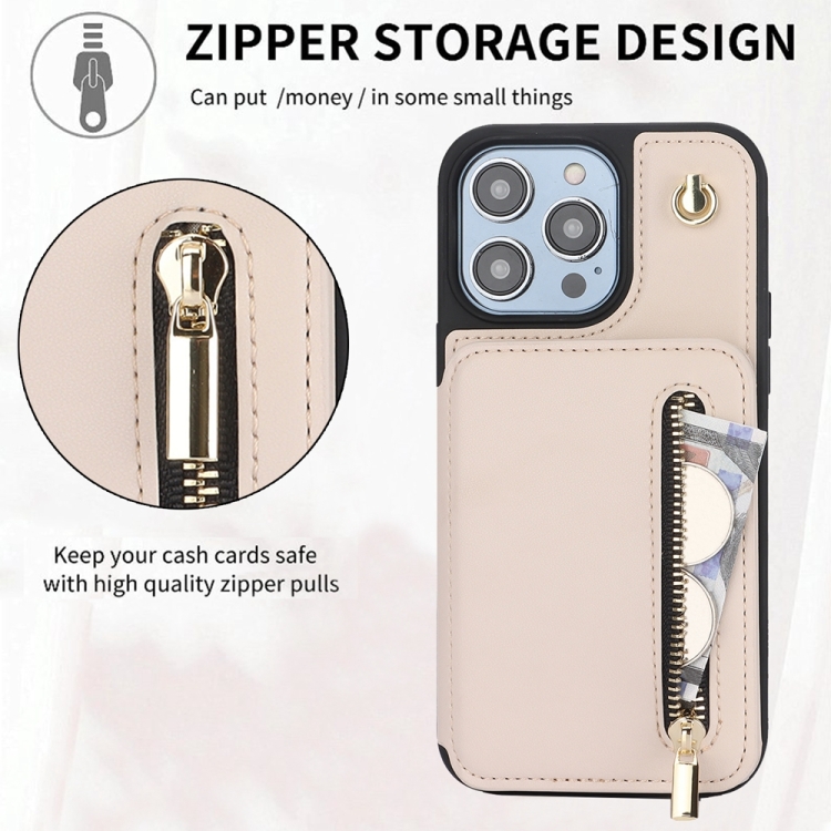 For iPhone 15 YM006 Skin Feel Zipper Card Bag Phone Case with Dual Lanyard(Apricot) For iPhone 15 YM006 Skin Feel Zipper Card Bag Phone Case with Dual Lanyard(Apricot)