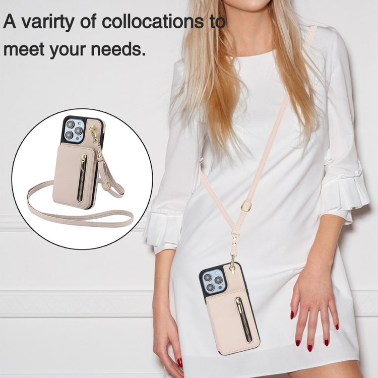 For iPhone 15 YM006 Skin Feel Zipper Card Bag Phone Case with Dual Lanyard(Apricot) For iPhone 15 YM006 Skin Feel Zipper Card Bag Phone Case with Dual Lanyard(Apricot)