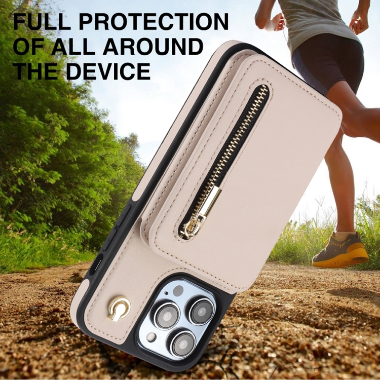For iPhone 15 YM006 Skin Feel Zipper Card Bag Phone Case with Dual Lanyard(Apricot) For iPhone 15 YM006 Skin Feel Zipper Card Bag Phone Case with Dual Lanyard(Apricot)