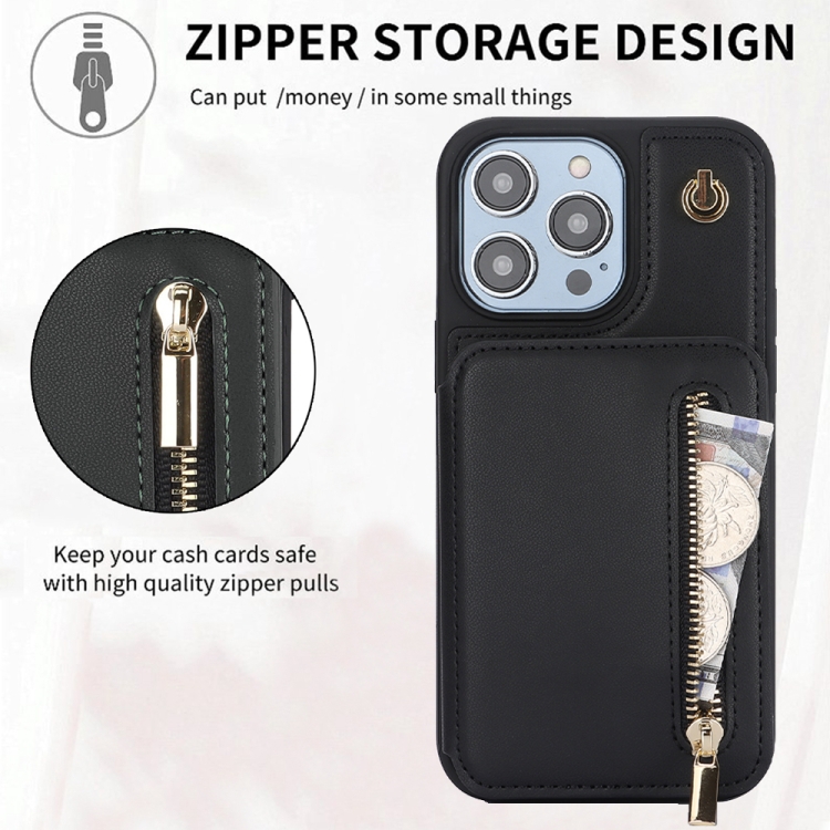 For iPhone 14 YM006 Skin Feel Zipper Card Bag Phone Case with Dual Lanyard(Black) For iPhone 14 YM006 Skin Feel Zipper Card Bag Phone Case with Dual Lanyard(Black)