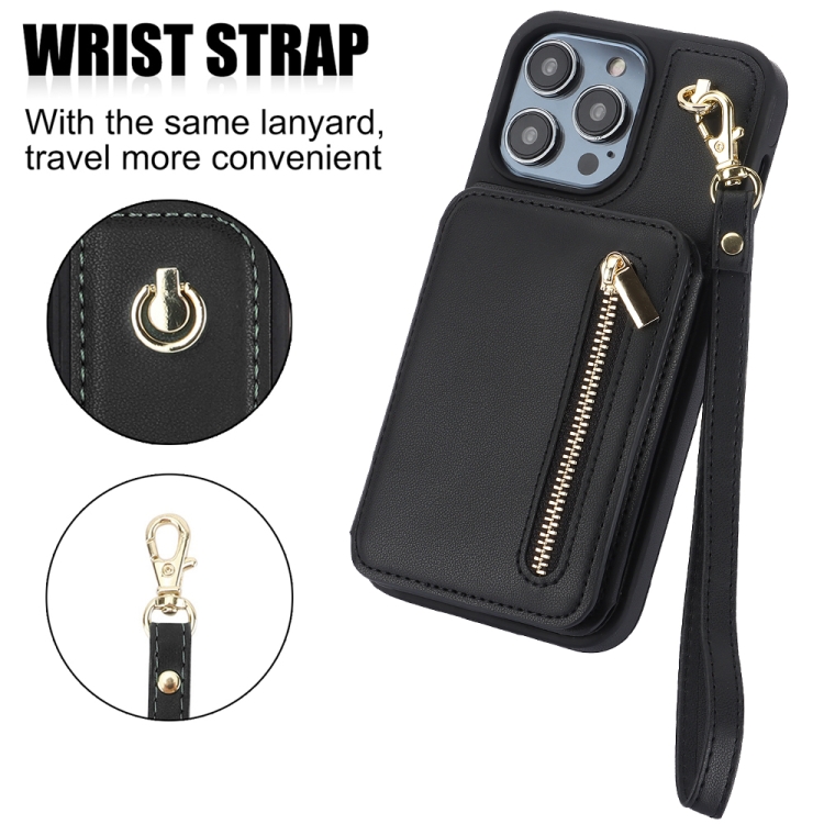 For iPhone 14 YM006 Skin Feel Zipper Card Bag Phone Case with Dual Lanyard(Black) For iPhone 14 YM006 Skin Feel Zipper Card Bag Phone Case with Dual Lanyard(Black)