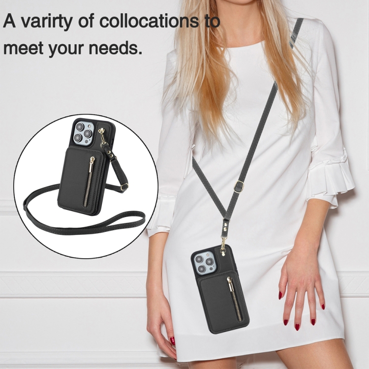 For iPhone 14 YM006 Skin Feel Zipper Card Bag Phone Case with Dual Lanyard(Black) For iPhone 14 YM006 Skin Feel Zipper Card Bag Phone Case with Dual Lanyard(Black)