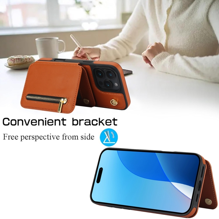 For iPhone 16 Pro YM006 Skin Feel Zipper Card Bag Phone Case with Dual Lanyard(Brown) For iPhone 16 Pro YM006 Skin Feel Zipper Card Bag Phone Case with Dual Lanyard(Brown)