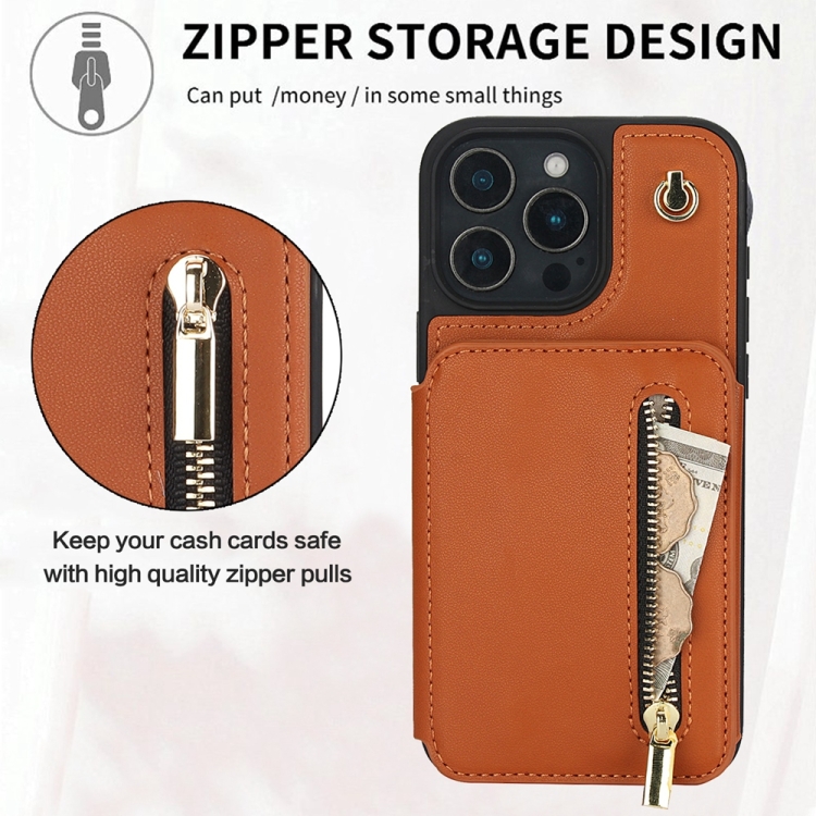 For iPhone 16 Pro YM006 Skin Feel Zipper Card Bag Phone Case with Dual Lanyard(Brown) For iPhone 16 Pro YM006 Skin Feel Zipper Card Bag Phone Case with Dual Lanyard(Brown)