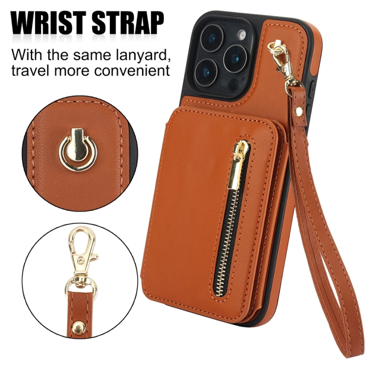 For iPhone 16 Pro YM006 Skin Feel Zipper Card Bag Phone Case with Dual Lanyard(Brown) For iPhone 16 Pro YM006 Skin Feel Zipper Card Bag Phone Case with Dual Lanyard(Brown)