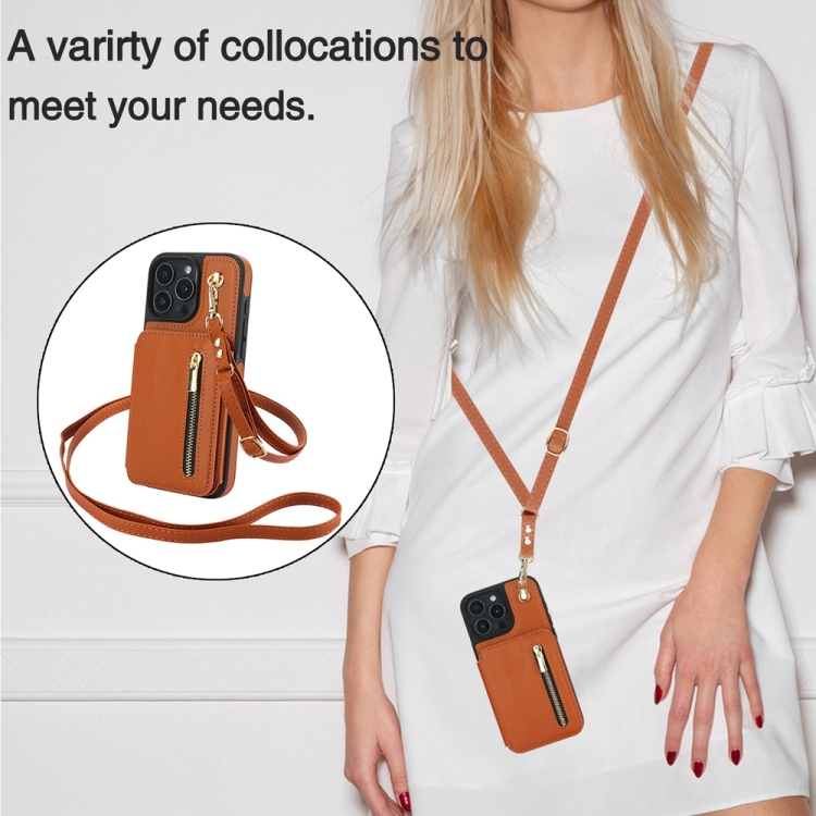 For iPhone 16 Pro YM006 Skin Feel Zipper Card Bag Phone Case with Dual Lanyard(Brown) For iPhone 16 Pro YM006 Skin Feel Zipper Card Bag Phone Case with Dual Lanyard(Brown)