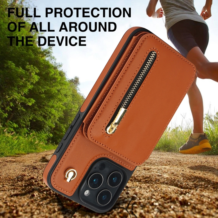 For iPhone 16 Pro YM006 Skin Feel Zipper Card Bag Phone Case with Dual Lanyard(Brown) For iPhone 16 Pro YM006 Skin Feel Zipper Card Bag Phone Case with Dual Lanyard(Brown)