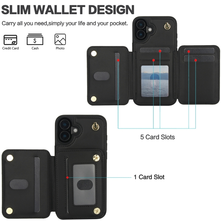 For iPhone 16 Plus YM006 Skin Feel Zipper Card Bag Phone Case with Dual Lanyard(Black) For iPhone 16 Plus YM006 Skin Feel Zipper Card Bag Phone Case with Dual Lanyard(Black)